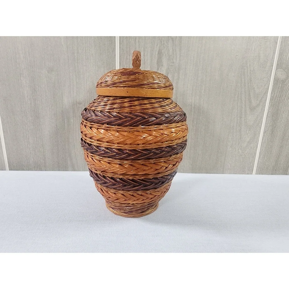 Vintage Shanghai Handicrafts Woven Basket Vase Brown Lidded Ginger Jar China
